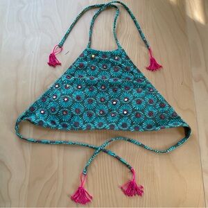 Aerie Beaded Sequined Bathing Suit Top Size SP Aqua Blue Fuchsia Pink Gold Boho